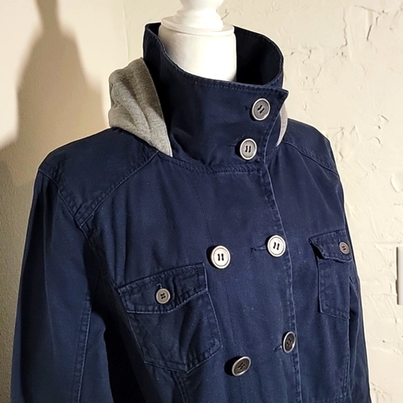 Hurley Winchester Woven Jacket Coat Hoodie Hooded Zip-Up Button Navy Blue Gray L - Picture 5 of 16